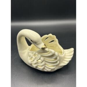 Ceramic Swan Vase Trinket Catch All Dish Vintage Cut Out Wings Gold Accent
